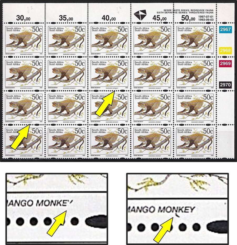 1997 RSA 50c Positional Varieties, CC.832c H.S.P.H. Perf - Broken "Y" and Comma on "N"