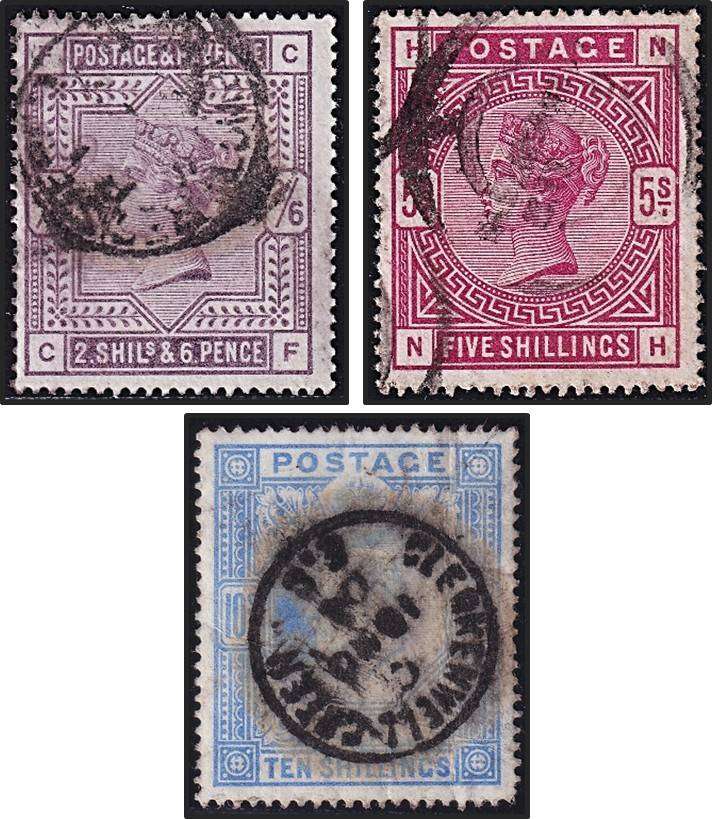 1883/4 Great Britain QVic 2/6, 5/- & 10/- SG.178/182, Nice Cancel on 10/-  @ CV  R22,150+