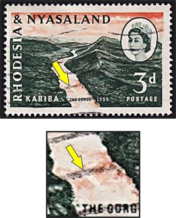 1955 Rhodesia & Nyasaland 3d Used, Listed Variety - Gorge Flaw - Scarce as Used