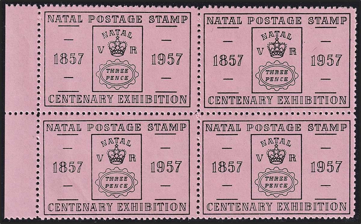 1957 Natal Postage Stamp Centenary Exhibition UMM(**) Marginal Block of 4