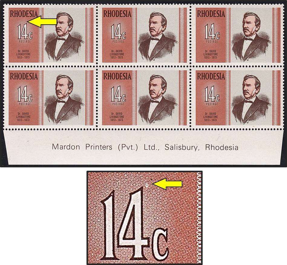 1973 Rhodesia 14c UMM(**) Inscriptional Block Variety - White Blob on top of "4"