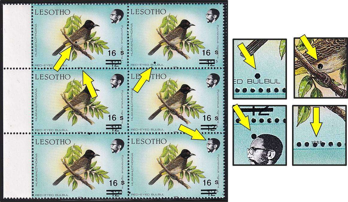 1988 Lesotho 16S UMM(**) Surcharge Variety - Perf Shifted into Date & Black Solid Circles