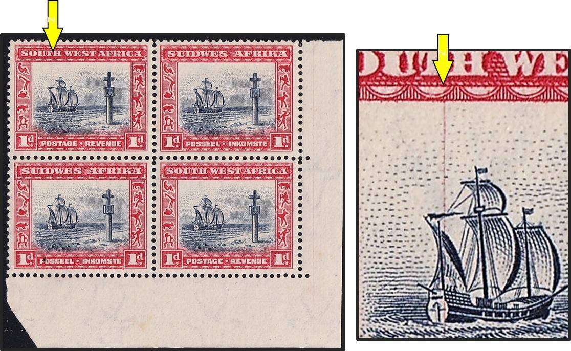 1931 SWA 1d UMM(**) Corner Block with Prominent Red DR Blade Flaw