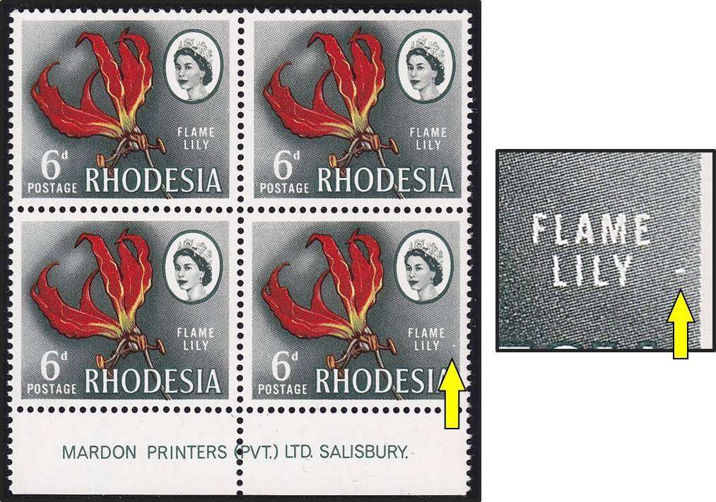 1966 Rhodesia 6d UMM(**) Inscriptional Block Variety - White Spot to Right of "LILY"