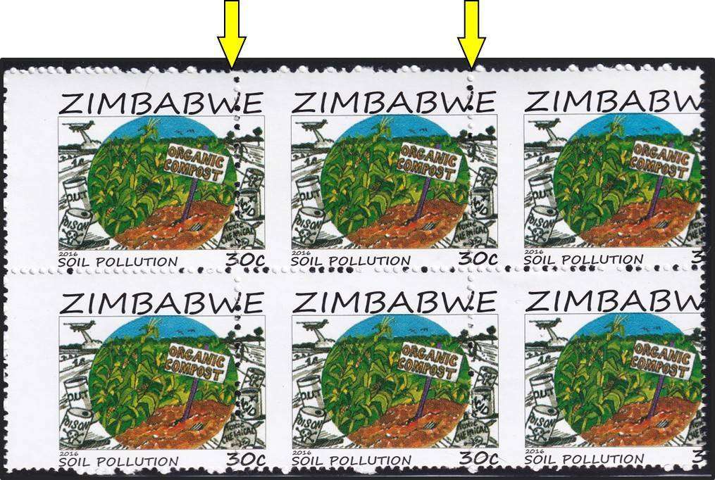 2016 Zimbabwe UMM(**) Soil Polution Block of 6 - Perforation Through Design
