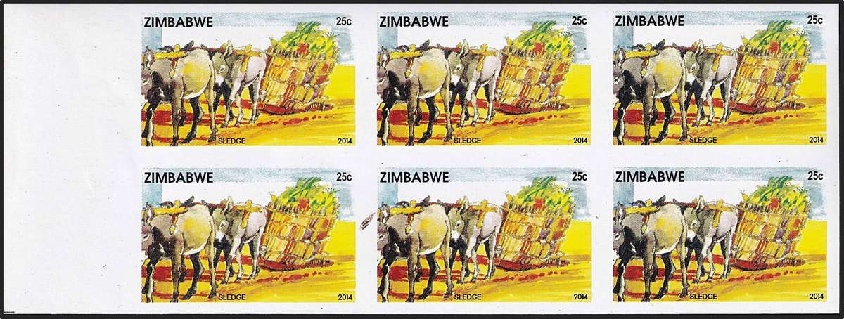 2014 Zimbabwe UMM(**) 25c Donkeys Marginal IMPERFORATE Block of 6