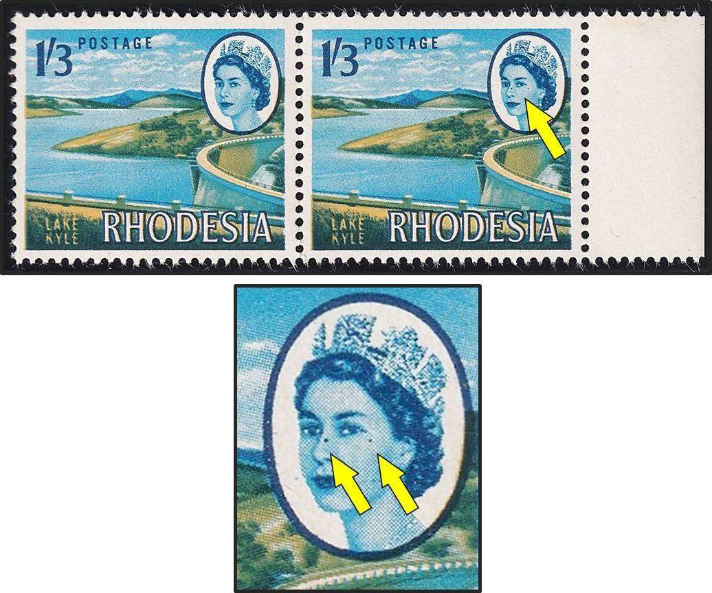 1966 Rhodesia 1/3 UMM(**) Variety - Dark Blue Spots on Queen's Face