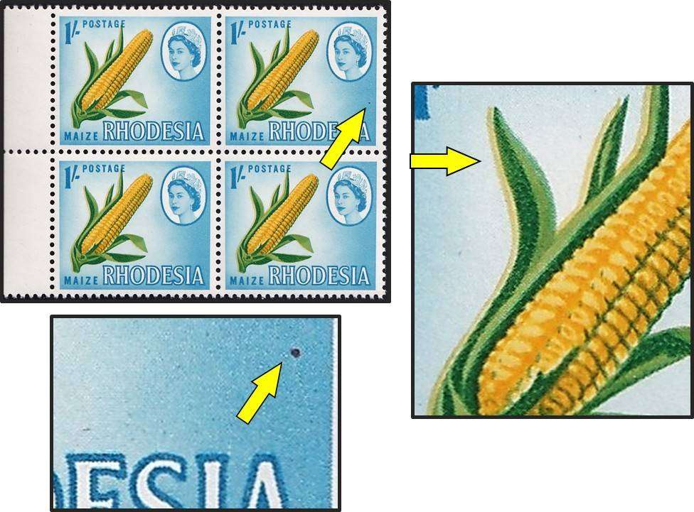 1966 Rhodesia 1/- UMM(**) Block with Yellow Colour Shift/Shadow & Spot in Background