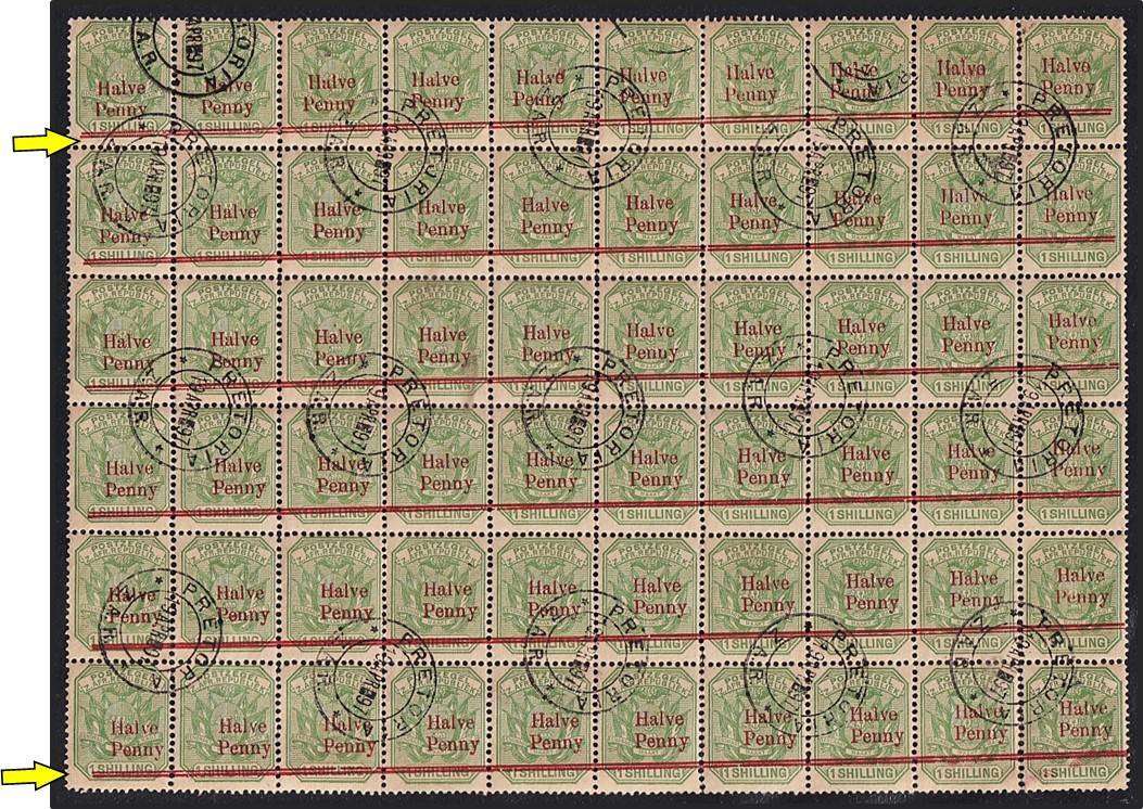 1895 ZAR  ½d on 1/- Surcharge UMM(**) Block of 60  showing Skewed Surcharge - Nice Item!