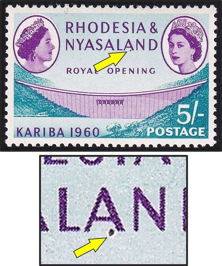 1960 Rhodesia & Nyasaland 5/- UMM(**) Variety - Purple Spot between Legs of "A"
