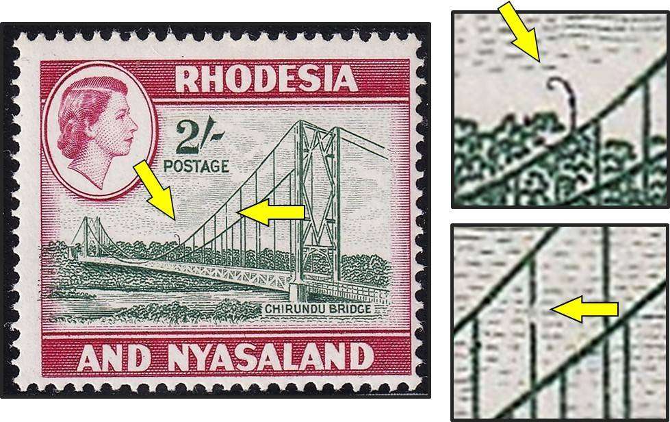 1959 Rhodesia & Nyasaland 2/- UMM(**) Variety - "Curling Wire Flaw" & Broken Support