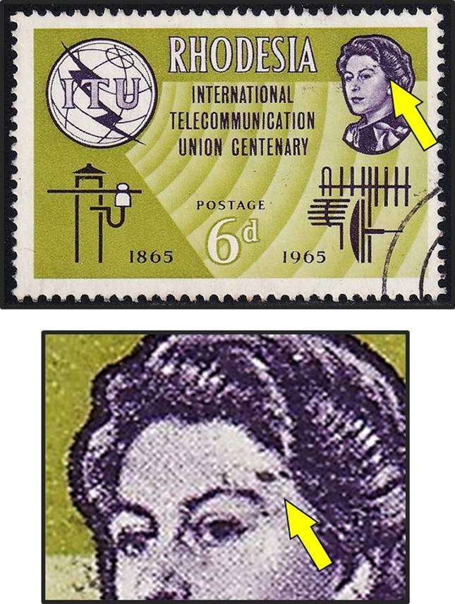 1965 Rhodesia 6d VFU Variety - Purple Mark next to Queen's Eye  - Scarce as Used