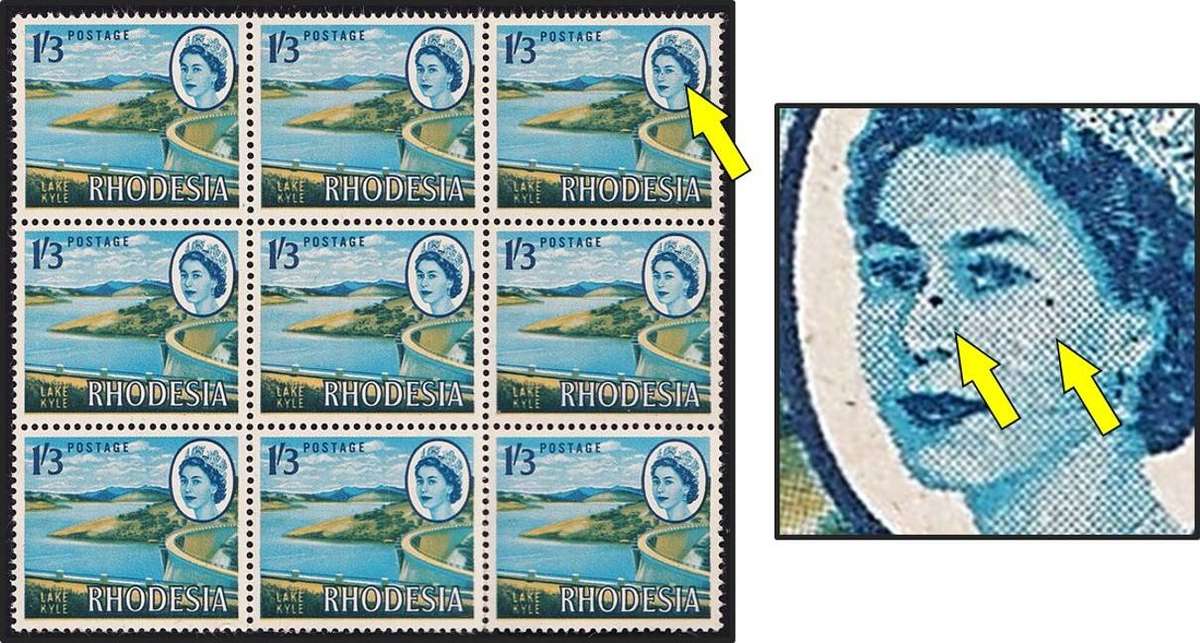 1966 Rhodesia 1/3 UMM(**) Block Variety - Blue Spot on Queen's Nose & Spot on Cheek