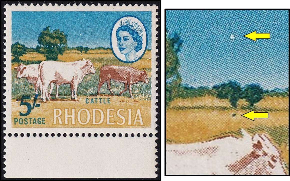 1966 Rhodesia 5/- UMM(**) Variety - "Small Moon" Flaw & Green Bush