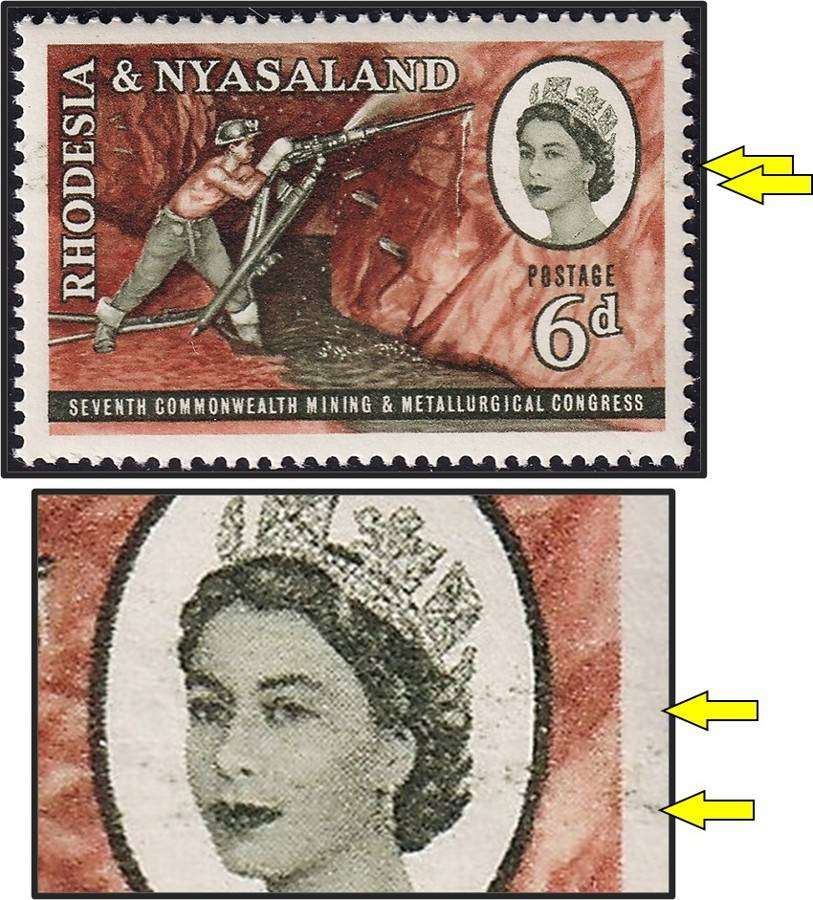 1961 Rhodesia & Nyasaland 6d UMM(**) Variety - Smudging in Oval through Face