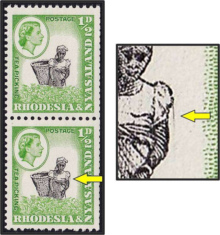 1959 Rhodesia & Nyasaland ½d UMM(**) Coil Variety - Loose Thread from Worker's Blouse