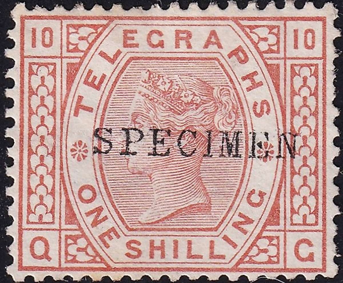 1876 Great Britain QV 1/- Telegraphs, Br-Orange, SPECIMEN Optd, Mint,No Gum  @ CV  R2,780+