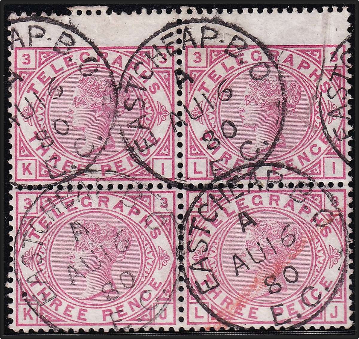 1881 Great Britain QV 3d Telegraphs Used Block of 4, SGT.3, Pl.3, Eatcheap BO @ CV  R8,350