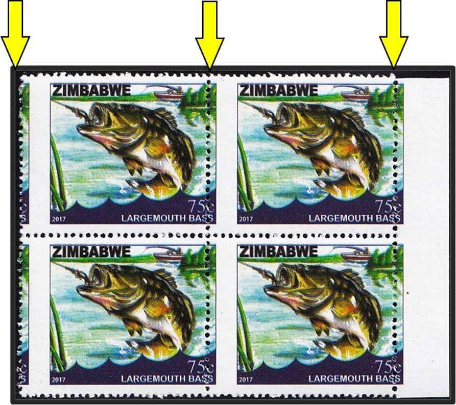 2017 Zimbabwe 75c Largemouth Bass UMM(**) Block with Major Perforation Shift!