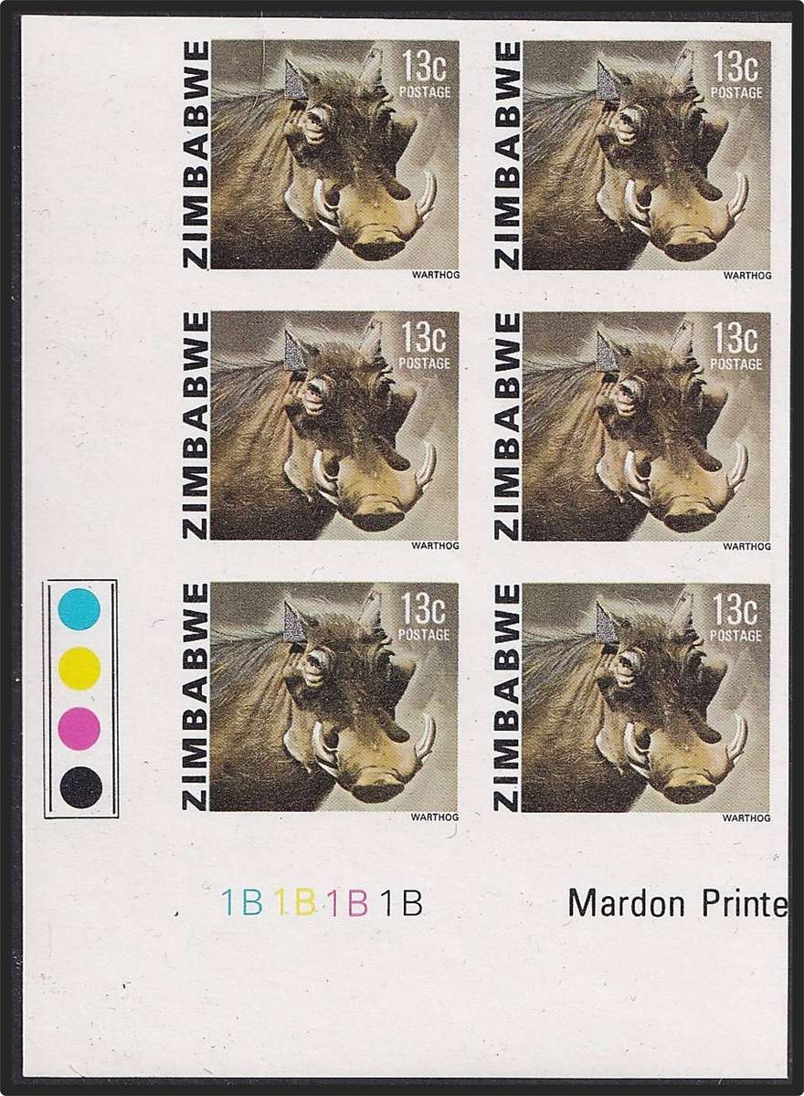 1985 Zimbabwe 13c Warthog UMM(**) IMPERF B-Control Block - Very Scarce Item!