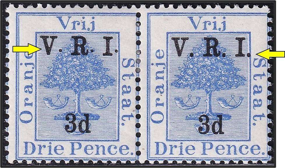 1900 OFS 3d V.R.I.  CC.63b MM(*) Var  - Pair, 1 with Level Stops, Other Raised Stops - Scarce