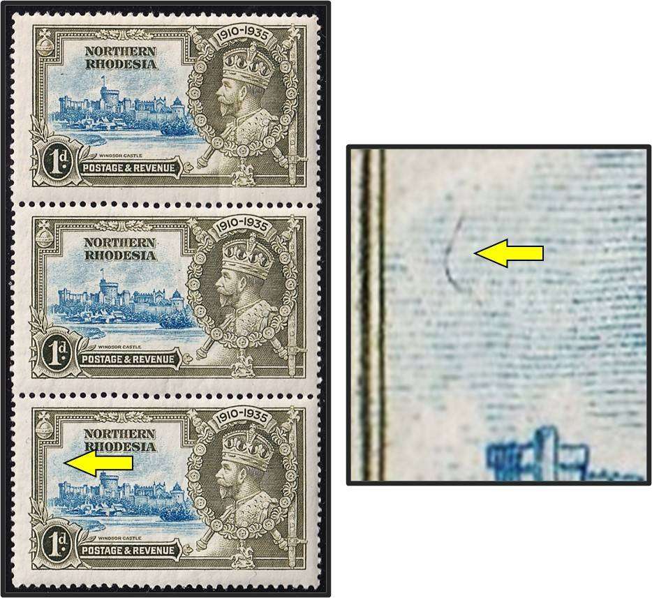 1935 Northern Rhodesia 1d KGV UMM(**) Variety - Curved Line near Left Margin