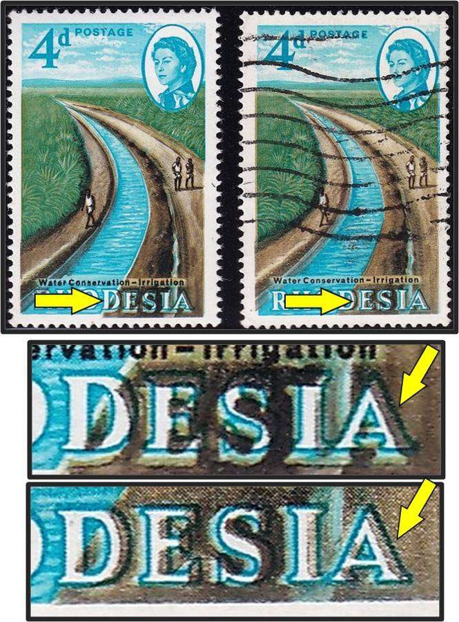 1965 Rhodesia 4d UMM(**) & VFU Variety - Colour Shift/Double Lettering on Both