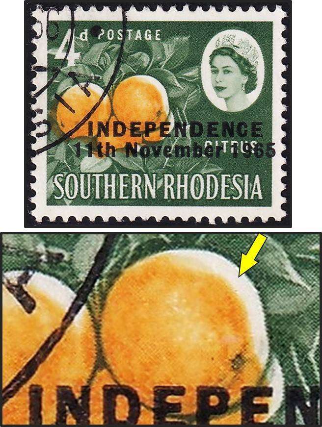 1965 Rhodesia 4d VFU Variety - Orange Colour Shift/White Oranges - Scarce as Used!