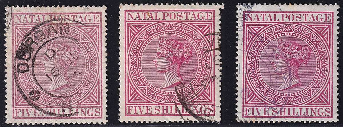1874 Natal Queen Victoria 5/- CC.75/76/77  VFU  @ CV  R5,000
