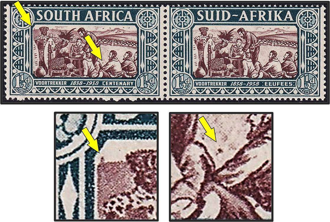 1938 Union 1½d UMM(*) Voortrekker Varieties - "Building on Mountain" & Spot Left of Man
