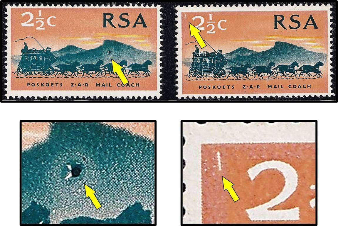 1969 RSA 2½c UMM(**) Listed SAHB Varieties - "Cave in Mountain"  & White Slash Top Left