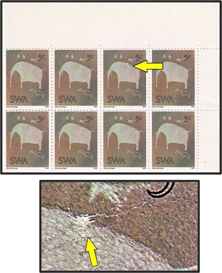 1974 SWA 5c UMM(**) Variety - "Hairy Patch" on Elephant's Back