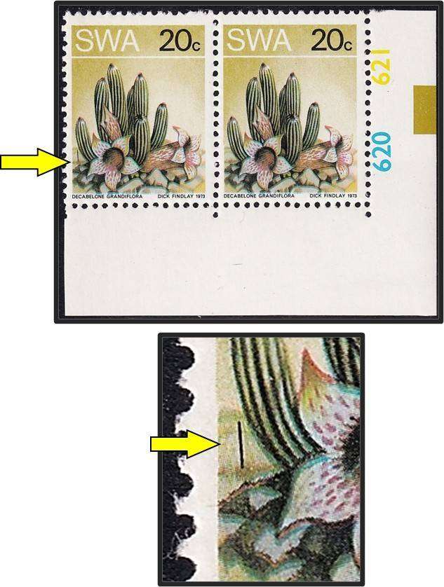 1973 SWA 20c UMM(**) Constant Variety -  "Extra Succulent Flaw"