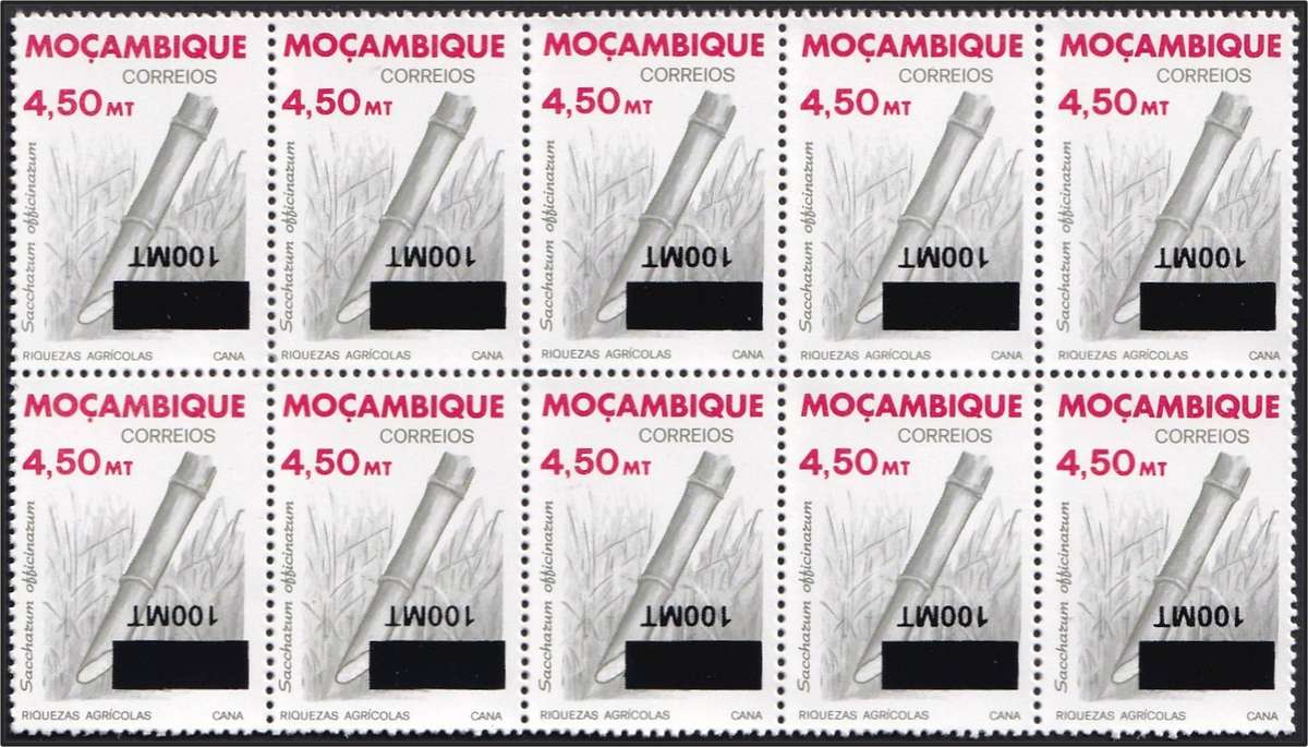 1986 Mozambique Sugar Cane 100MT on 4.50MT, Inverted & Misplaced Surcharge Block of 8