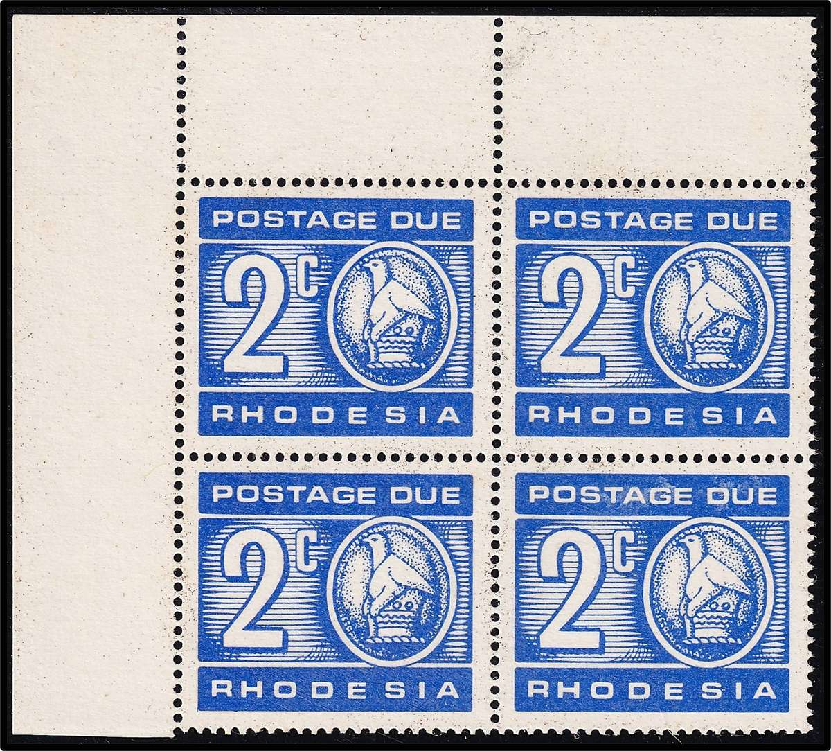1970 Rhodesia 2c Postage Due Corner CC.12b - PRINTED ON GUMMED SIDE  @ R1,600+