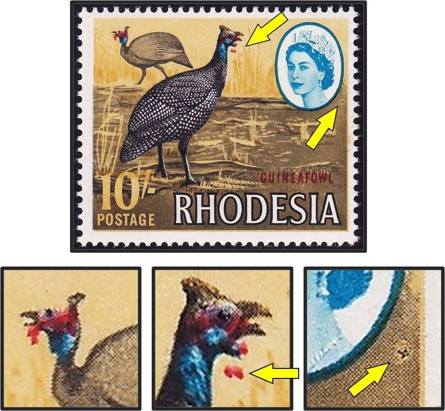 1966 Rhodesia 10/- UMM(**) Variety - Red Colour Shift: "Falling Wattle Flaw" & Blob