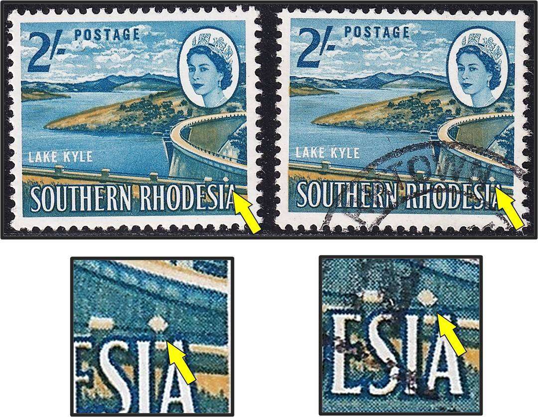 1964 Southern Rhodesia 2/- MM(*) & VFU, Both with Listed "Parapet Flaw"