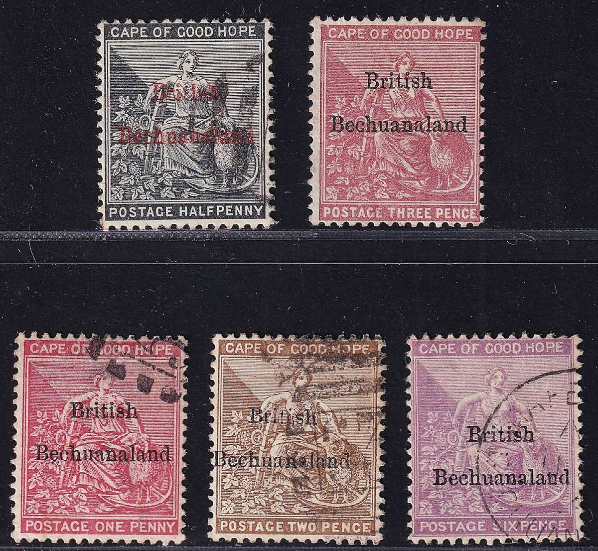1885 Bechuanaland CC.1,2,4,5,7 CoGH Overprinted, VFU @ CV  R3,270