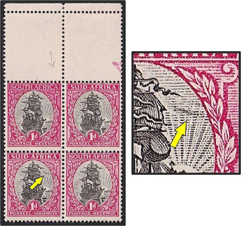 1935 Union 1d UMM(**) Positional Block UHB Variety - "Smoketrail" Flaw