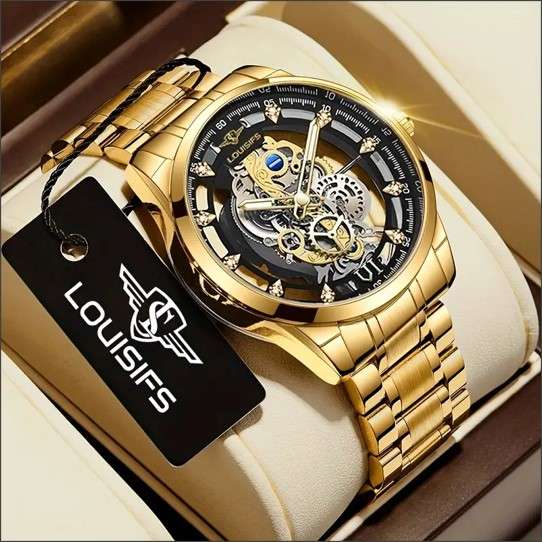 Louisifs Men's Quartz Skeleton Watch, Stainless Steel