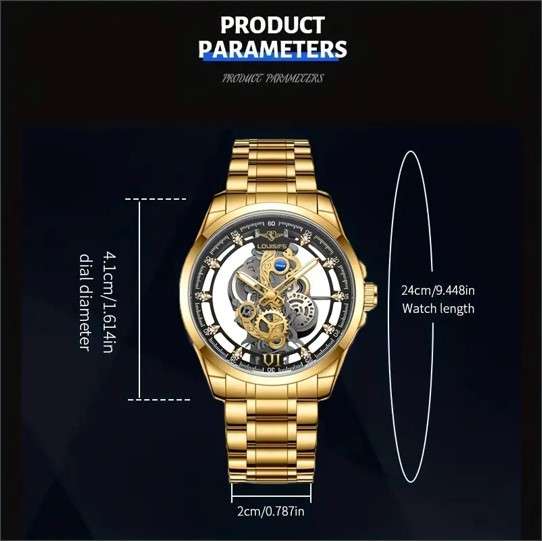 Louisifs Men's Quartz Skeleton Watch, Stainless Steel