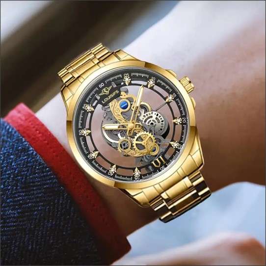 Louisifs Men's Quartz Skeleton Watch, Stainless Steel