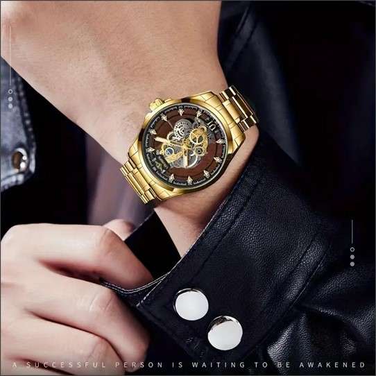 Louisifs Men's Quartz Skeleton Watch, Stainless Steel