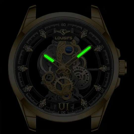 Louisifs Men's Quartz Skeleton Watch, Stainless Steel