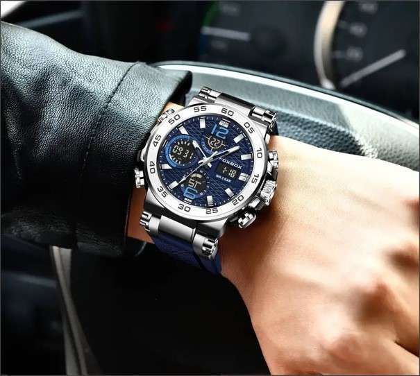 Foxbox Men's Military-Style Hiking Sports Watch, Dual Display, Quartz Movement (Blue)