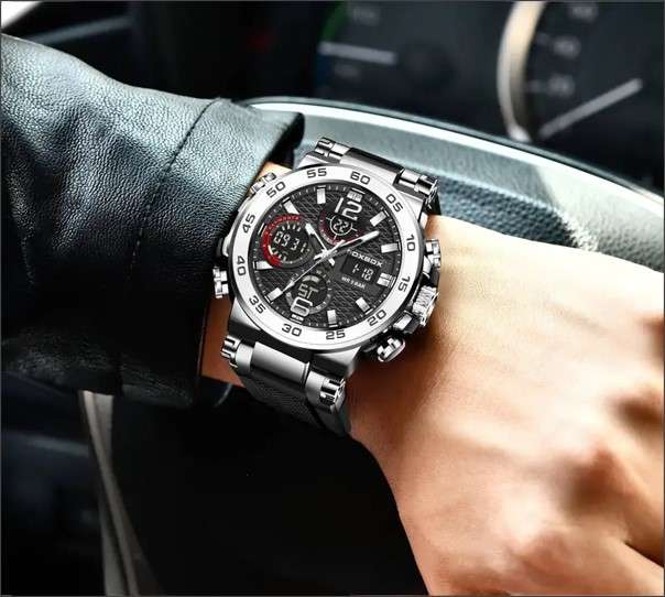 Foxbox Men's Military-Style Hiking Sports Watch, Dual Display, Quartz Movement (Black)