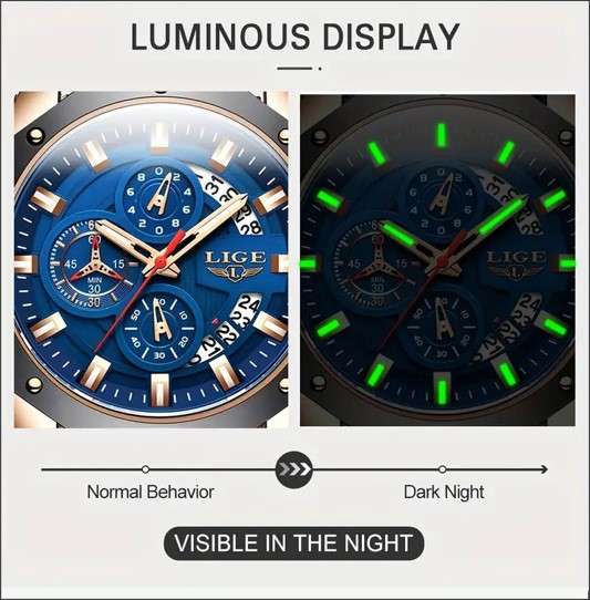 Top Brand LIGE Sports Chronograph Men's Watch, Luxury Luminous Quartz Clock, Large Dial