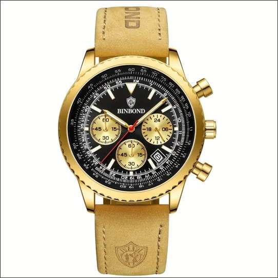 BINBOND Men's Six Hands Calendar Multifunctional Quartz Watch With Genuine Leather Cowhide Strap