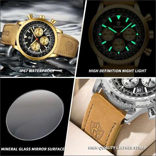 BINBOND Men's Six Hands Calendar Multifunctional Quartz Watch With Genuine Leather Cowhide Strap