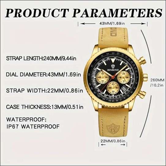 BINBOND Men's Six Hands Calendar Multifunctional Quartz Watch With Genuine Leather Cowhide Strap